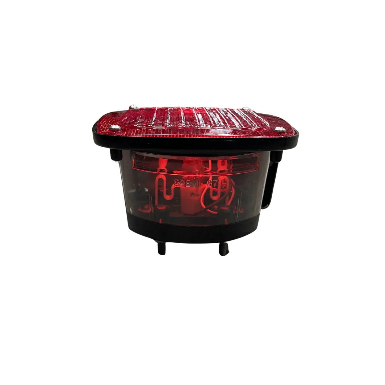 front view of Grote 01537176 combination tail light, red lens with clear back-up window on black box housing