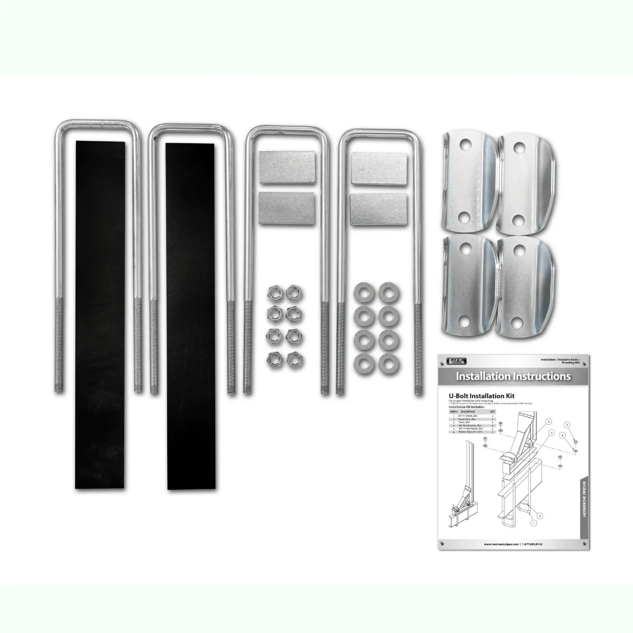 a layout of Iconic Metal Gear's 17" u-bolt mounting kit for semi-truck headache racks