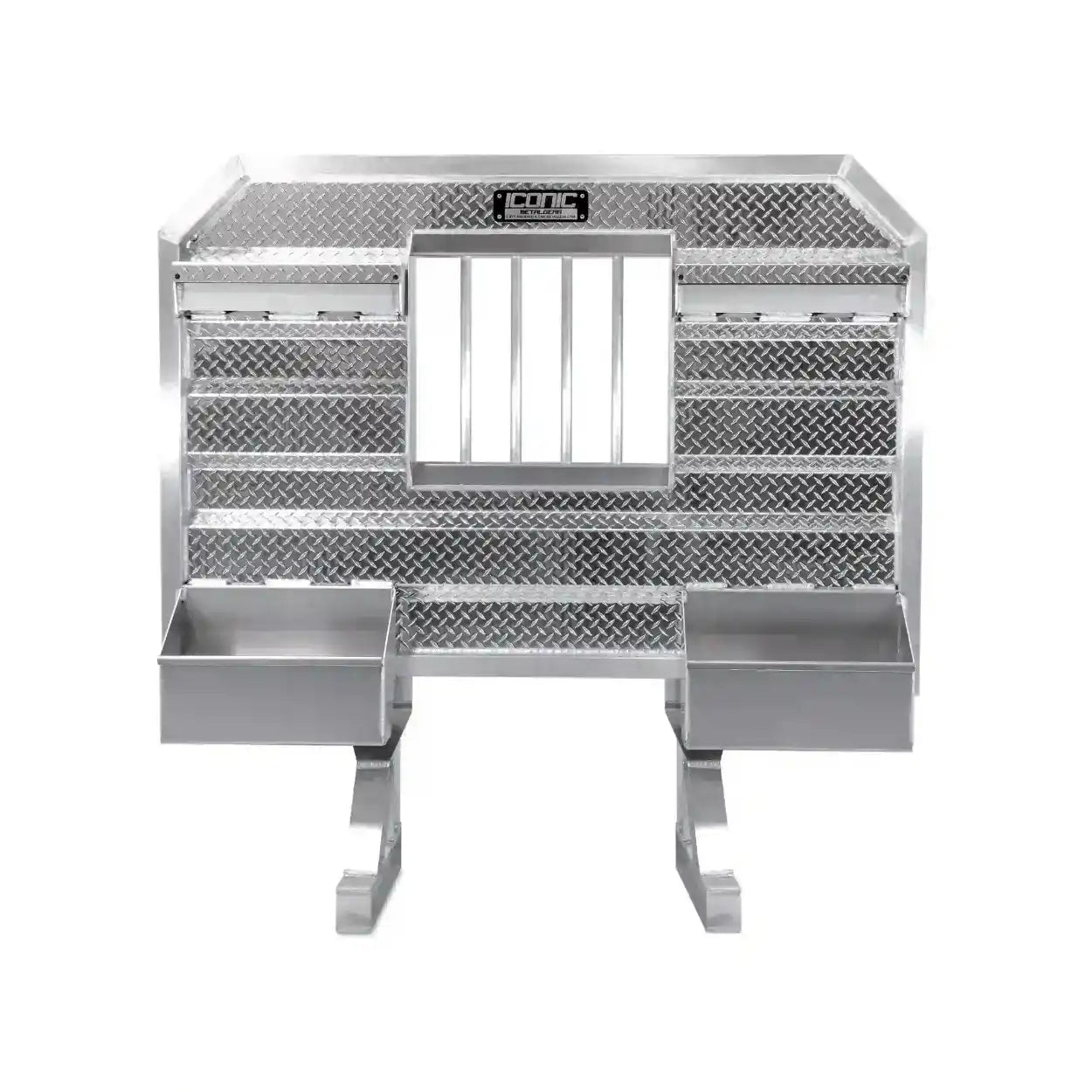 Heavy-duty diamond plate headache rack featuring jail bar window and split tray design