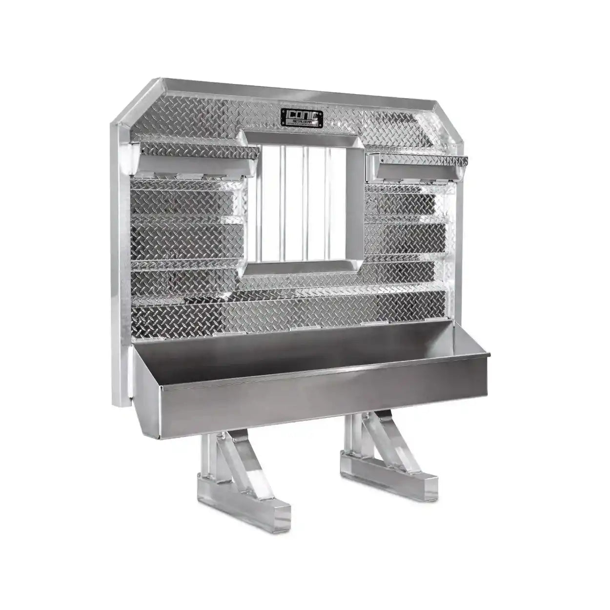 iconic diamond plate headache rack with jail bar winder, and full tray