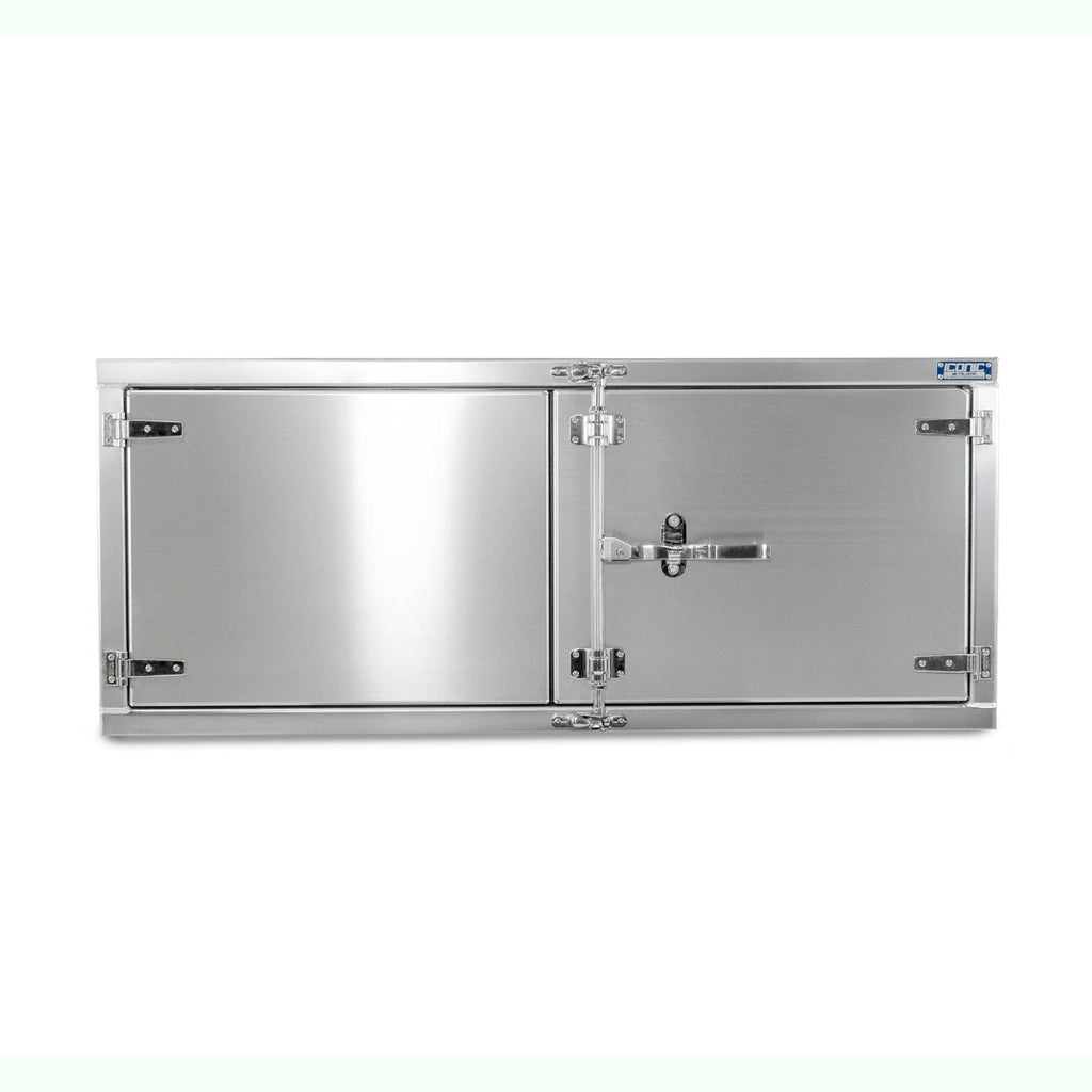 Premium underbody toolbox with a polished finish and camlock system, ideal for rollback tow trucks and trailers. Secure and sleek storage.