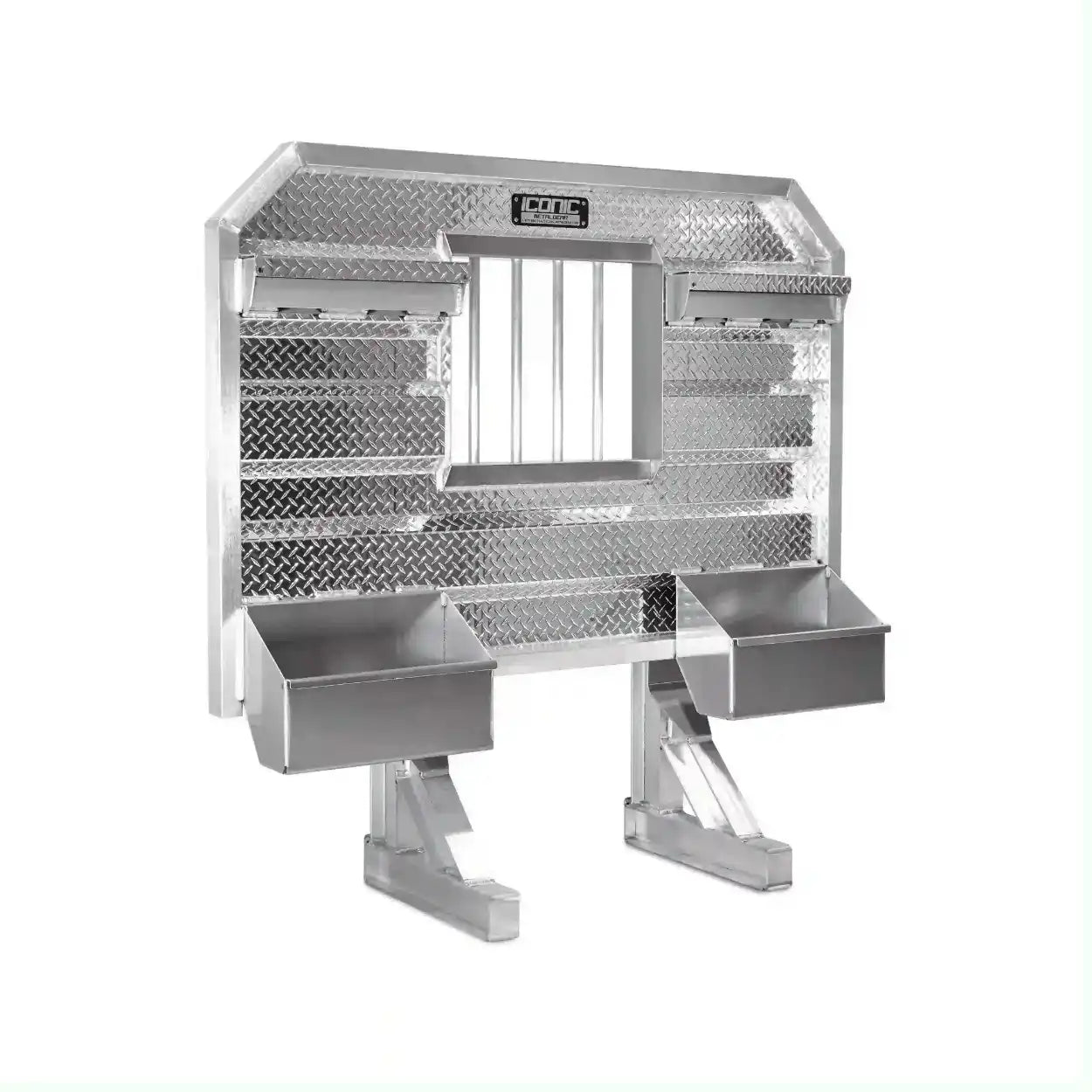 Professional diamond plate headache rack with jail bar window protection and split tray
