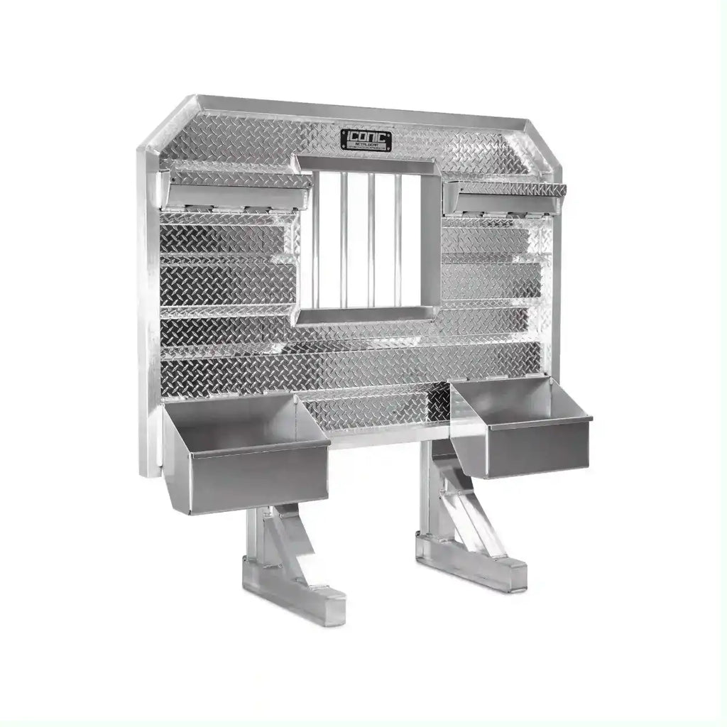 Professional diamond plate headache rack with jail bar window protection and split tray