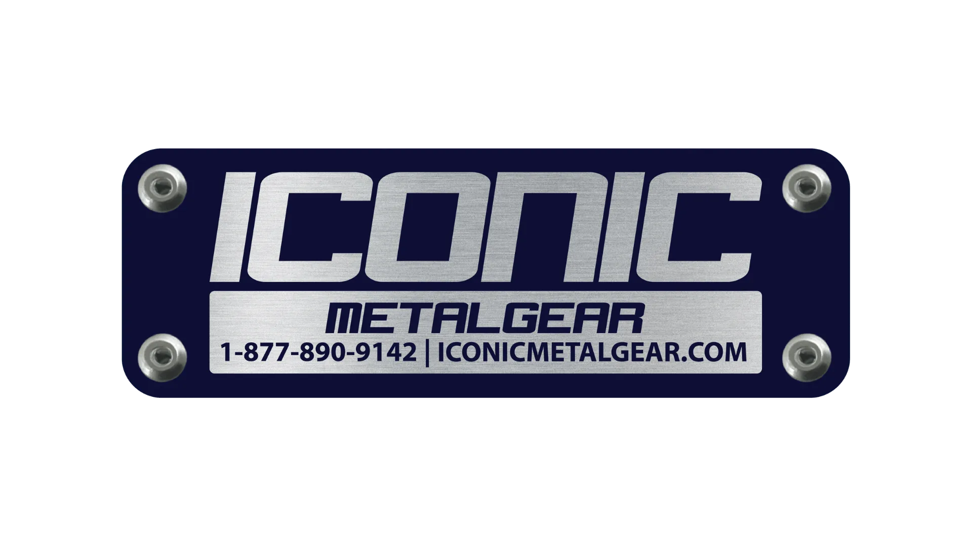Metal sign with 'Iconic Metal Gear' branding and contact information on a white background