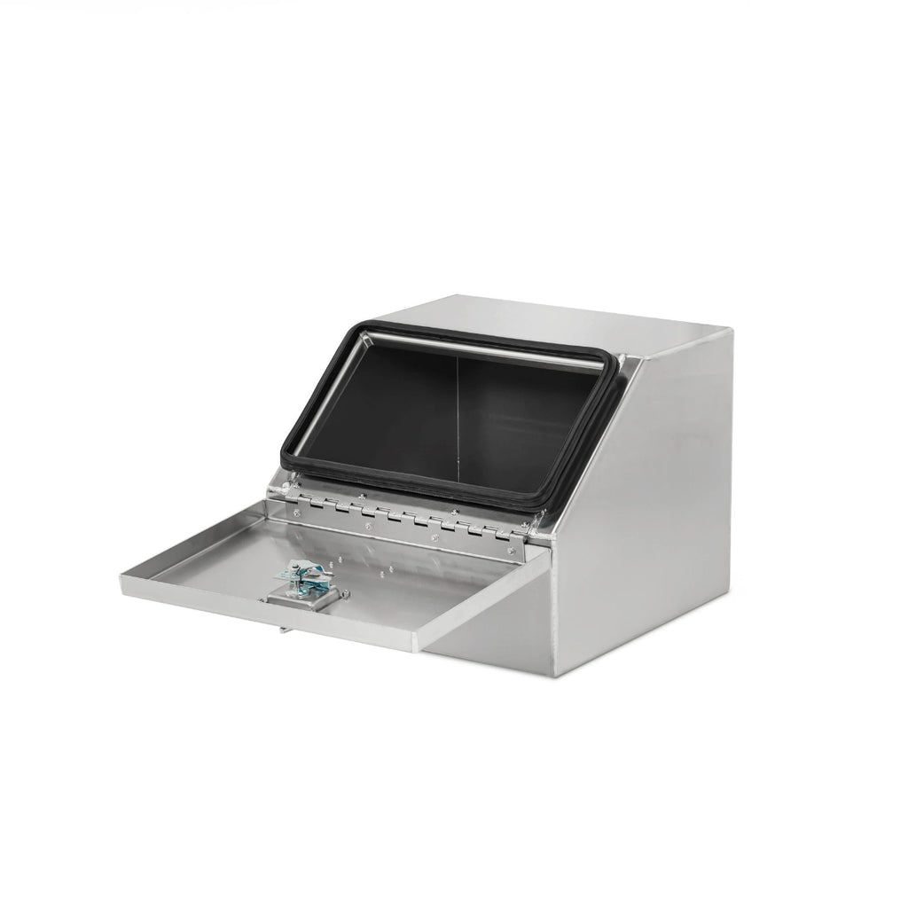 opened view of iconic metal gear 22" smooth aluminum boot box for headache racks installed on semi-trucks 