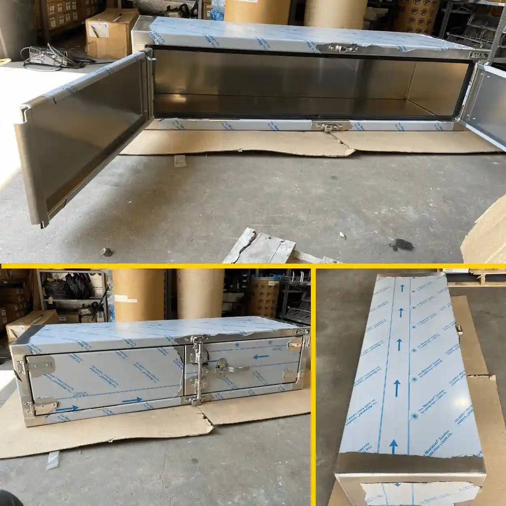 Premium polished toolbox, underbody mount, camlock for tow trucks.