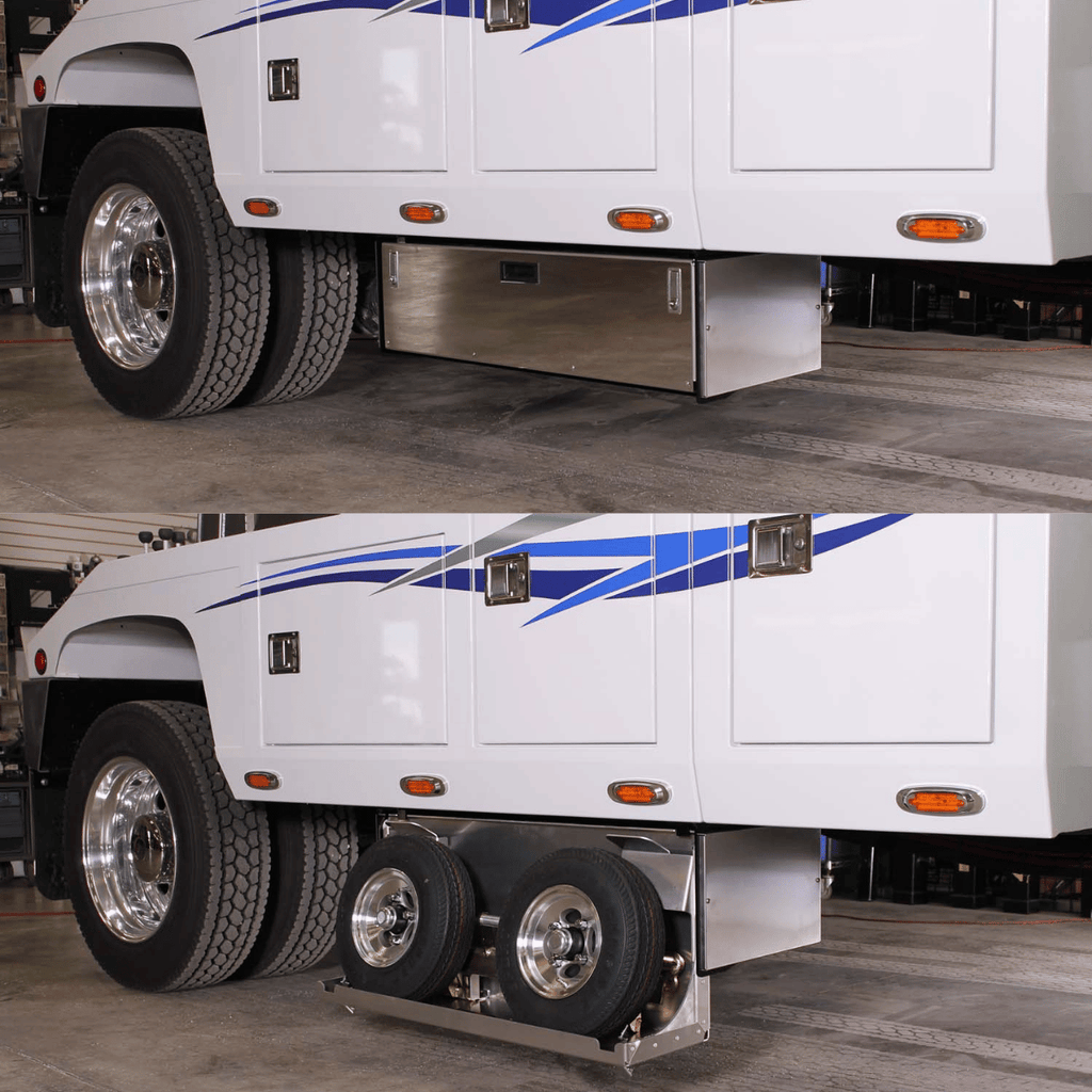 in the ditch drop down dolly storage box installed on a wrecker tow truck