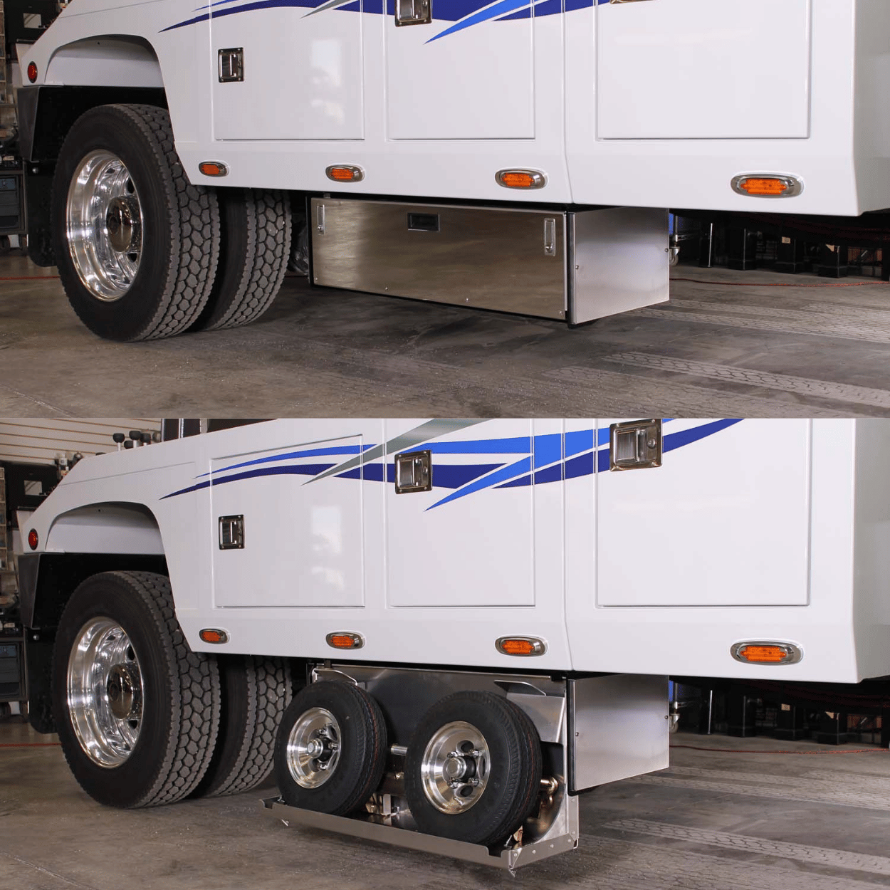 in the ditch drop down dolly storage box installed on a wrecker tow truck
