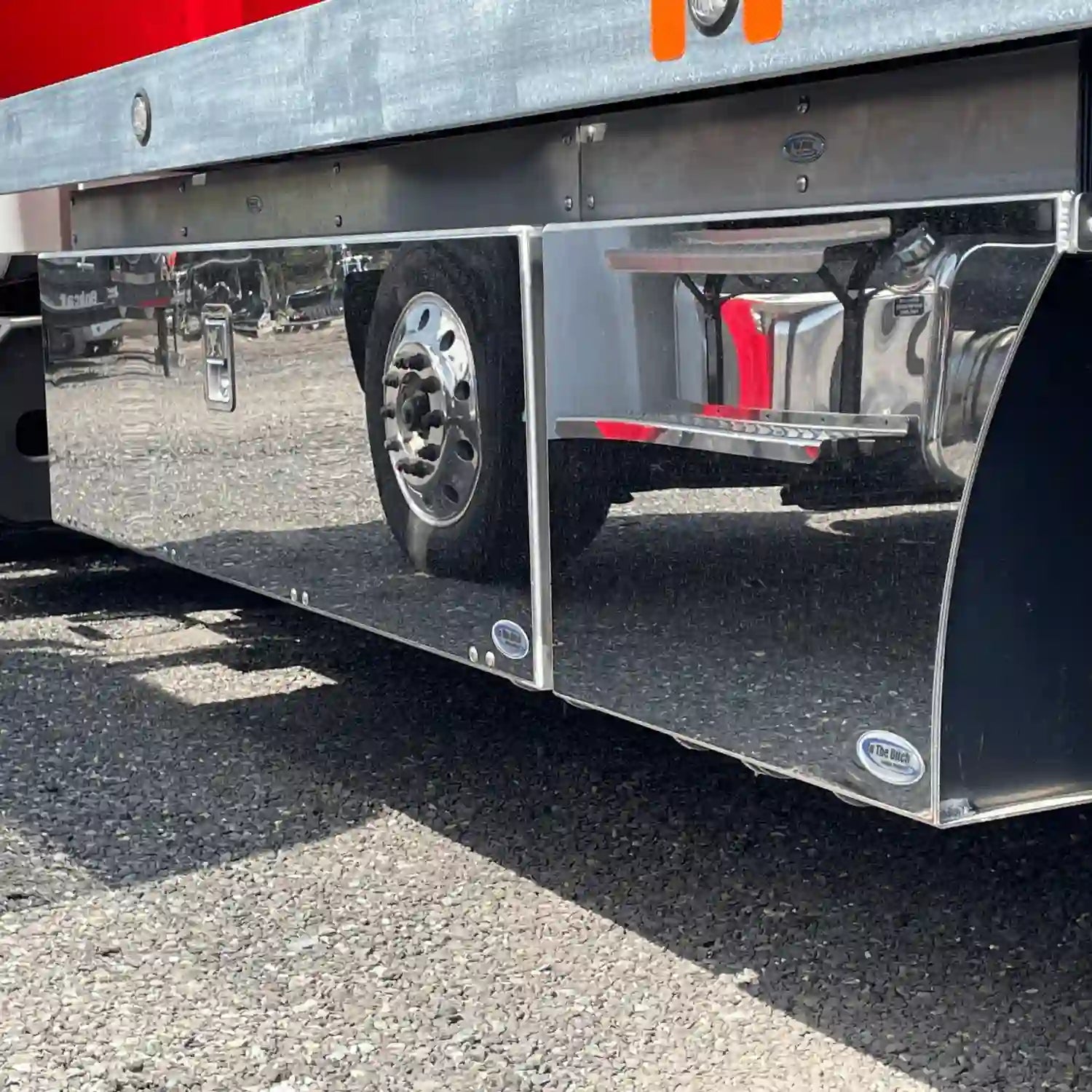 pro series tool box and storage fender from In the Ditch  Highlighting the mirrored finish stainless steel panel