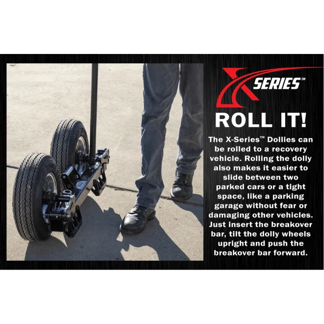 In the Ditch X-Series #ITD2790-P dolly being rolled by a person with promotional text on the side.
