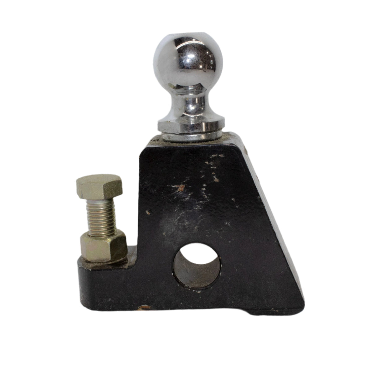 Heavy duty towing hitch attachment with chrome ball and bolt, ideal for fifth wheel equipment and towing needs.