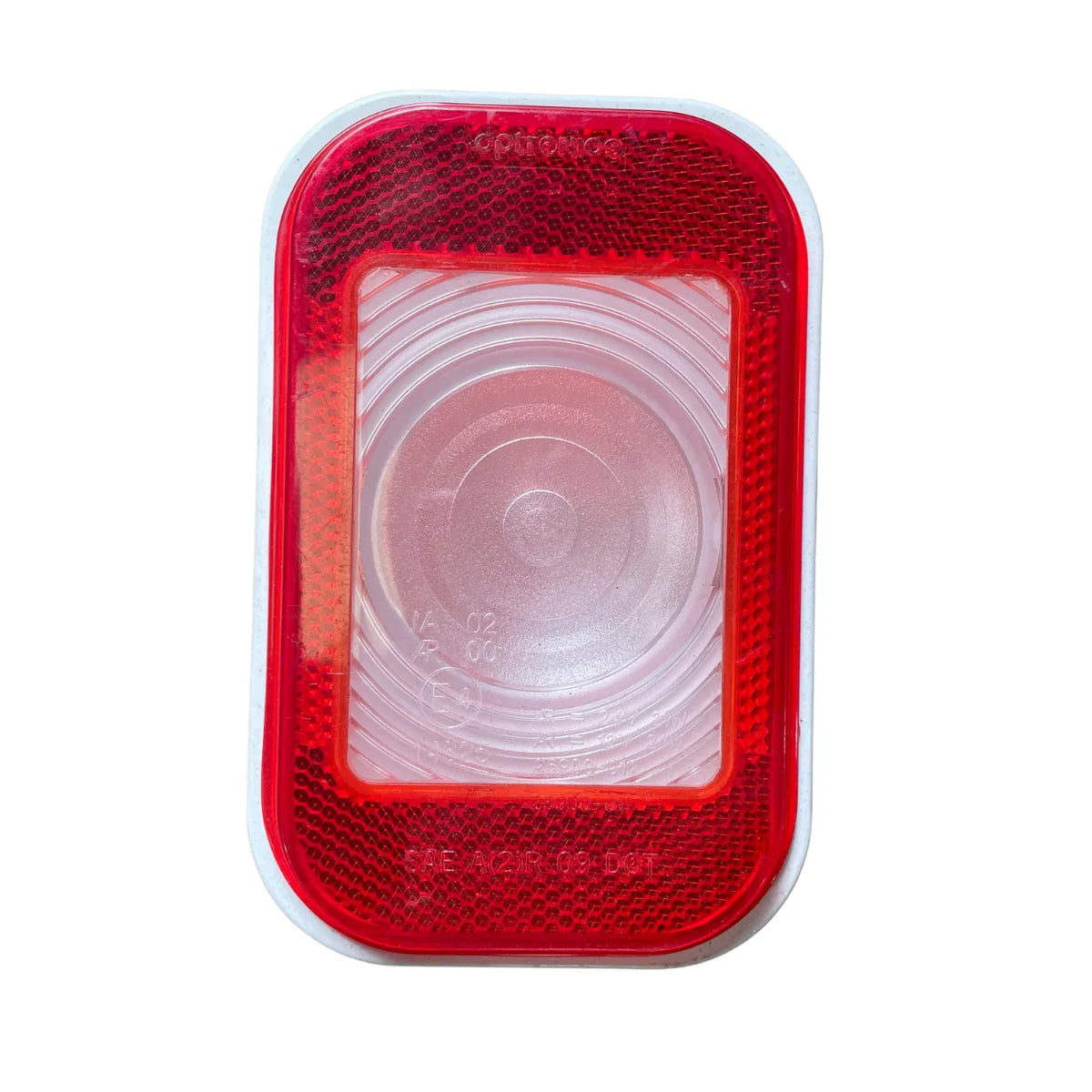 Optronics BU33CRXLBP rectangular back-up light, front view showing clear lens with built-in red reflex reflector border