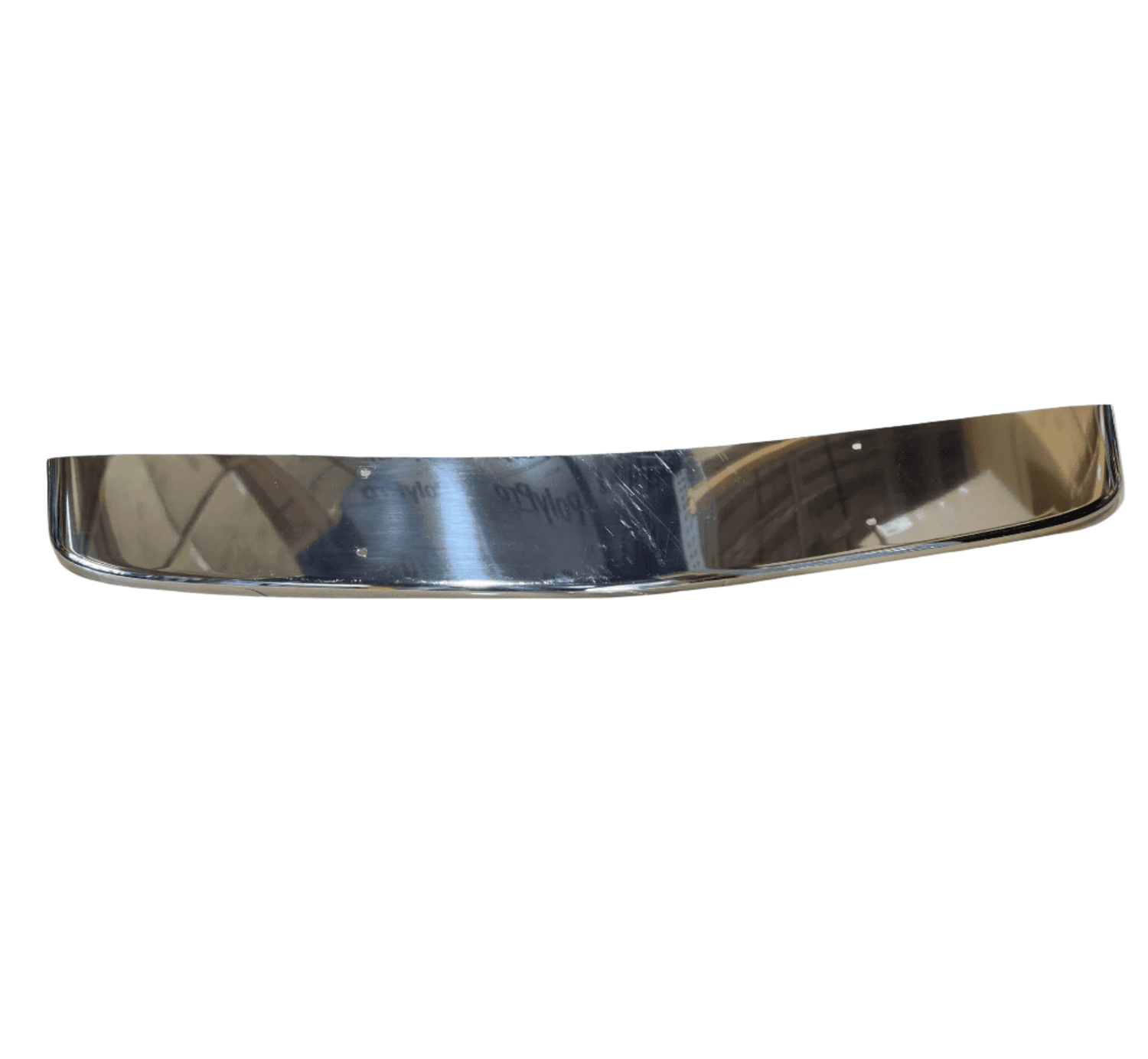 Used stainless steel Paccar sun visor for Kenworth W900 with a polished finish. Some minor surface imperfections and scratches are visible.