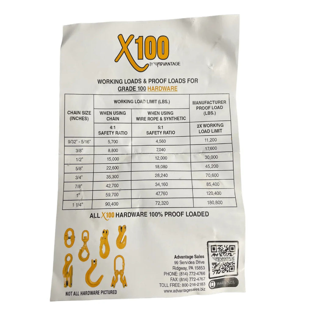 working load limt and proof sheet for 3/8" grade 100 clevis grab hook 