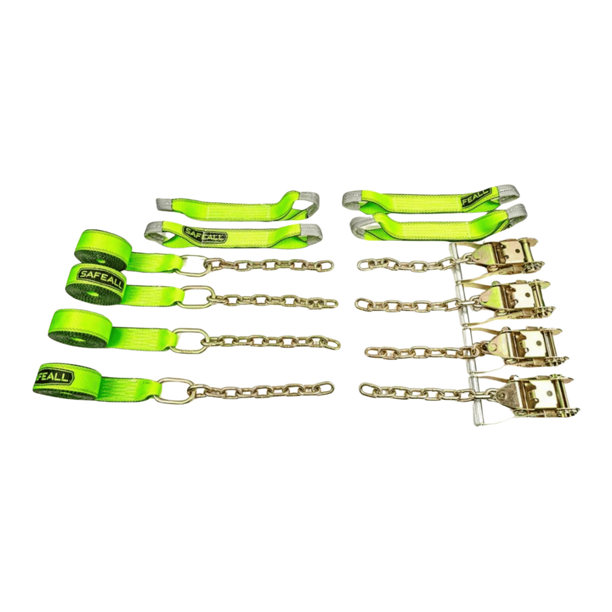 SafeAll tie-down kits for flatbed trucks. 8-point tie-down straps with chain ends. Best tie-down straps for secure cargo.