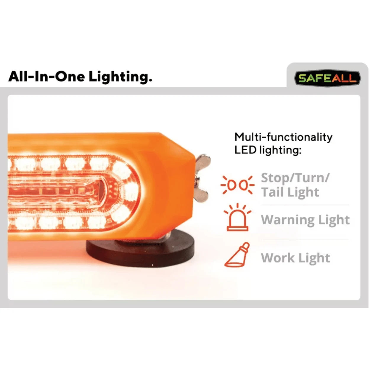 SafeAll Striker All-in-one LED tow light with multiple functionality icons on a white background
