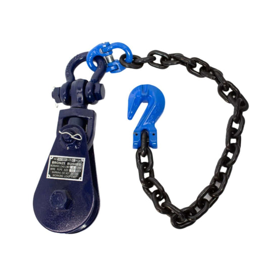 B/A Products Co. 4-ton snatch block with shackle and G100 chain, featuring a heavy-duty steel pulley for towing and rigging applications.