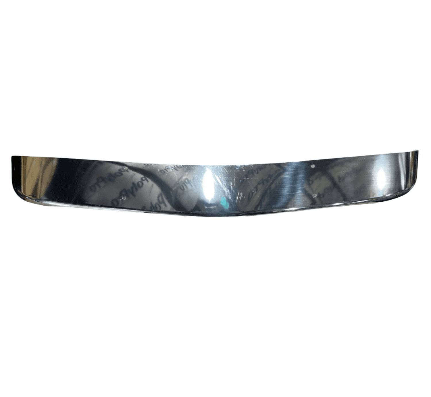 Used stainless steel Paccar sun visor for Kenworth W900 with a reflective surface. Features minor blemishes and surface scratches from prior use.