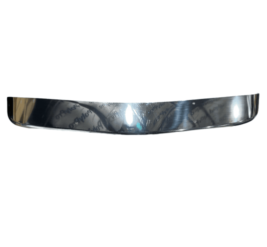 Used stainless steel Paccar sun visor for Kenworth W900 with a reflective surface. Features minor blemishes and surface scratches from prior use.