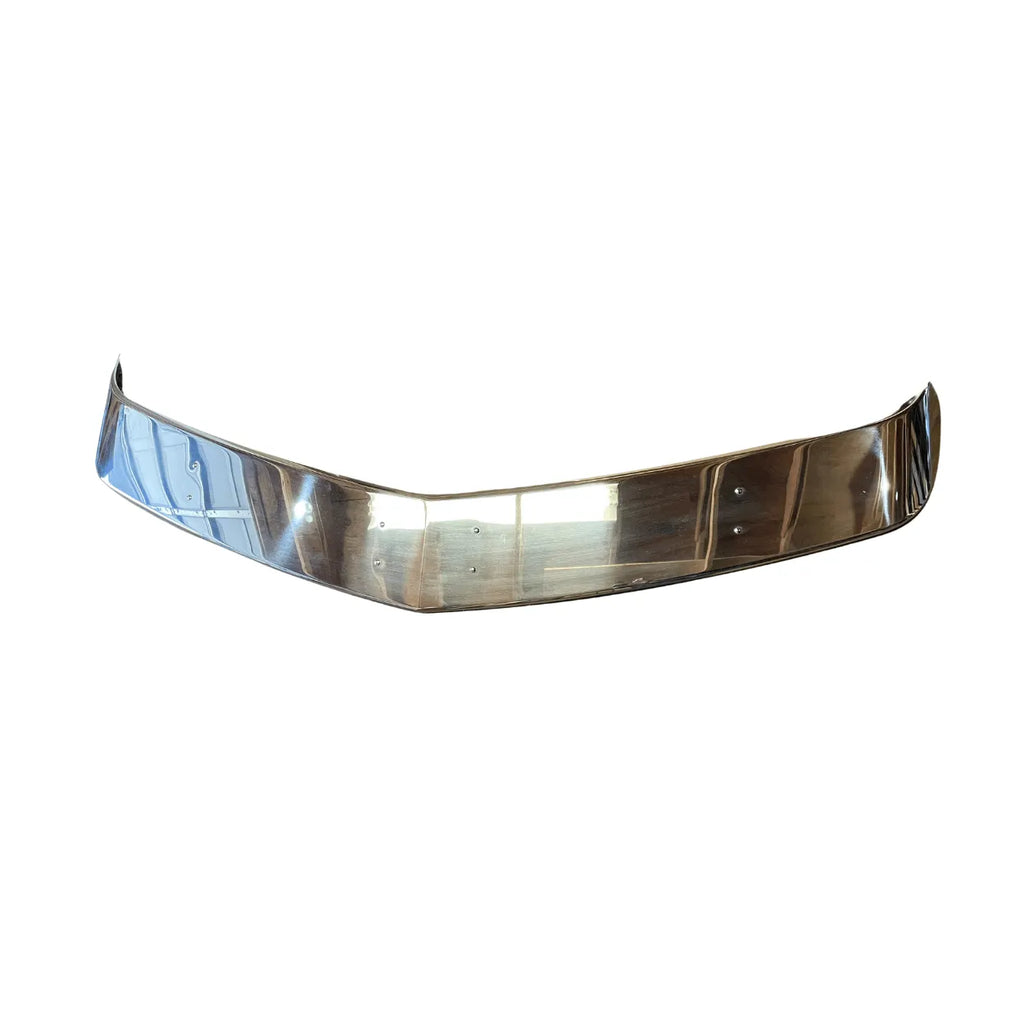 Stainless steel sunvisor mounted on Peterbilt 589 truck cab, model R73-6056, showing polished chrome finish and aerodynamic design