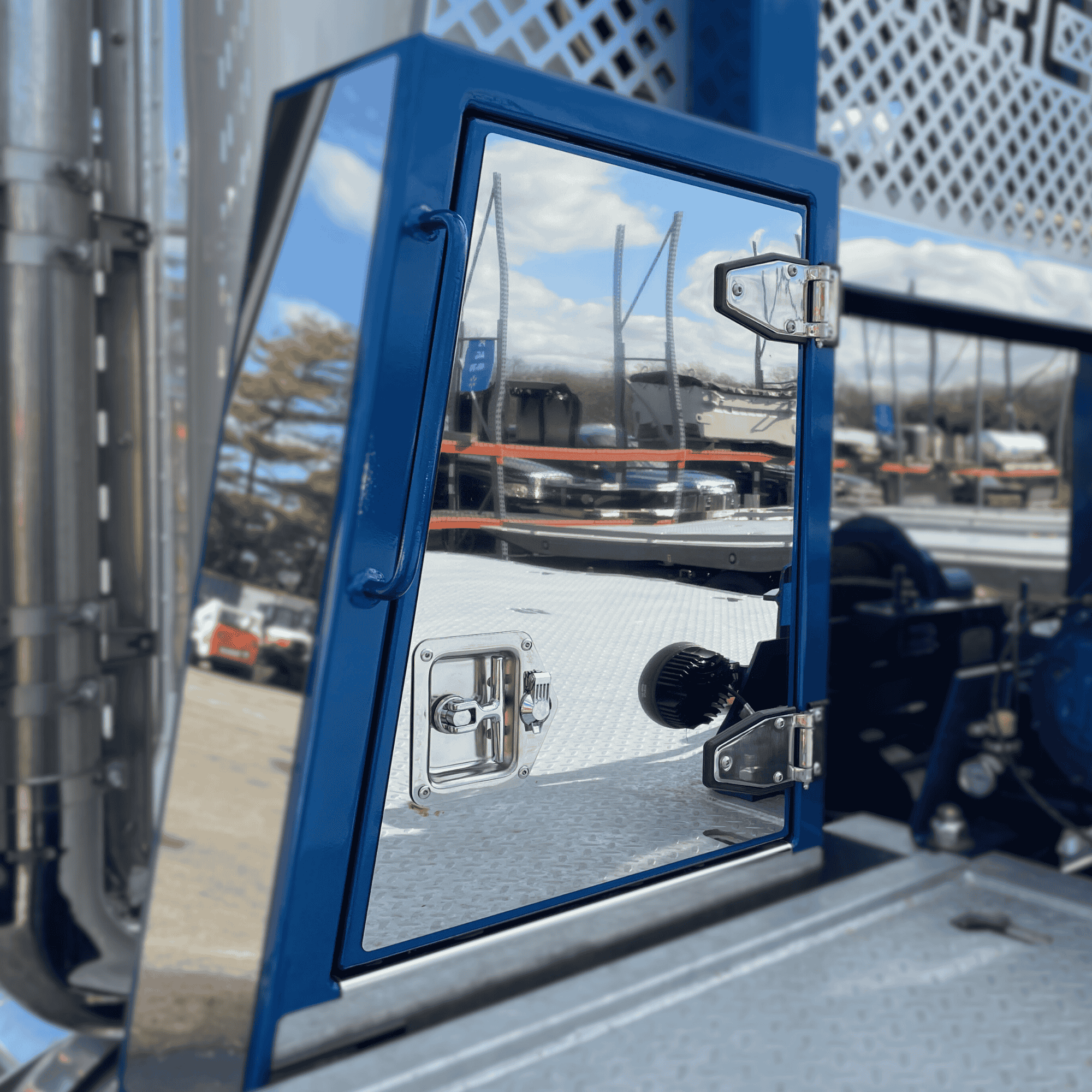 Polished stainless trim for the chainrack toolbox drivers side door