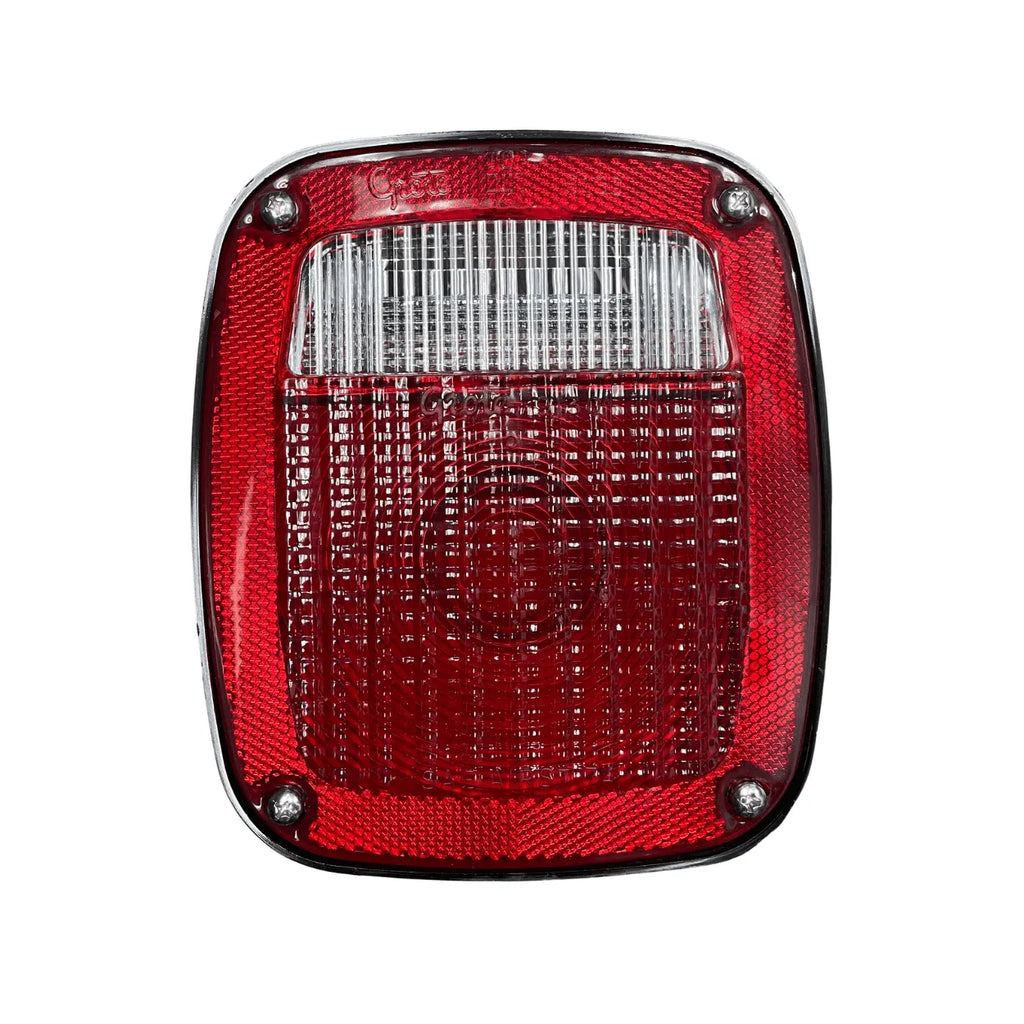 Grote LH combination tail light lens, red with clear back-up window and chrome trim ring