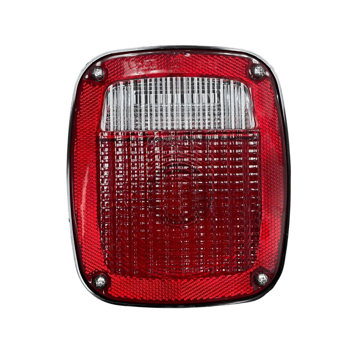 Grote LH combination tail light lens, red with clear back-up window and chrome trim ring