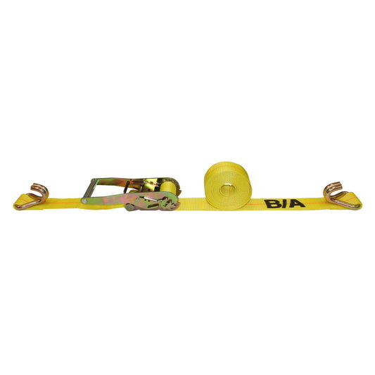 B/A Products Co. 2" ratchet strap with double J hooks in yellow, ideal for cargo tie downs, strong and durable.