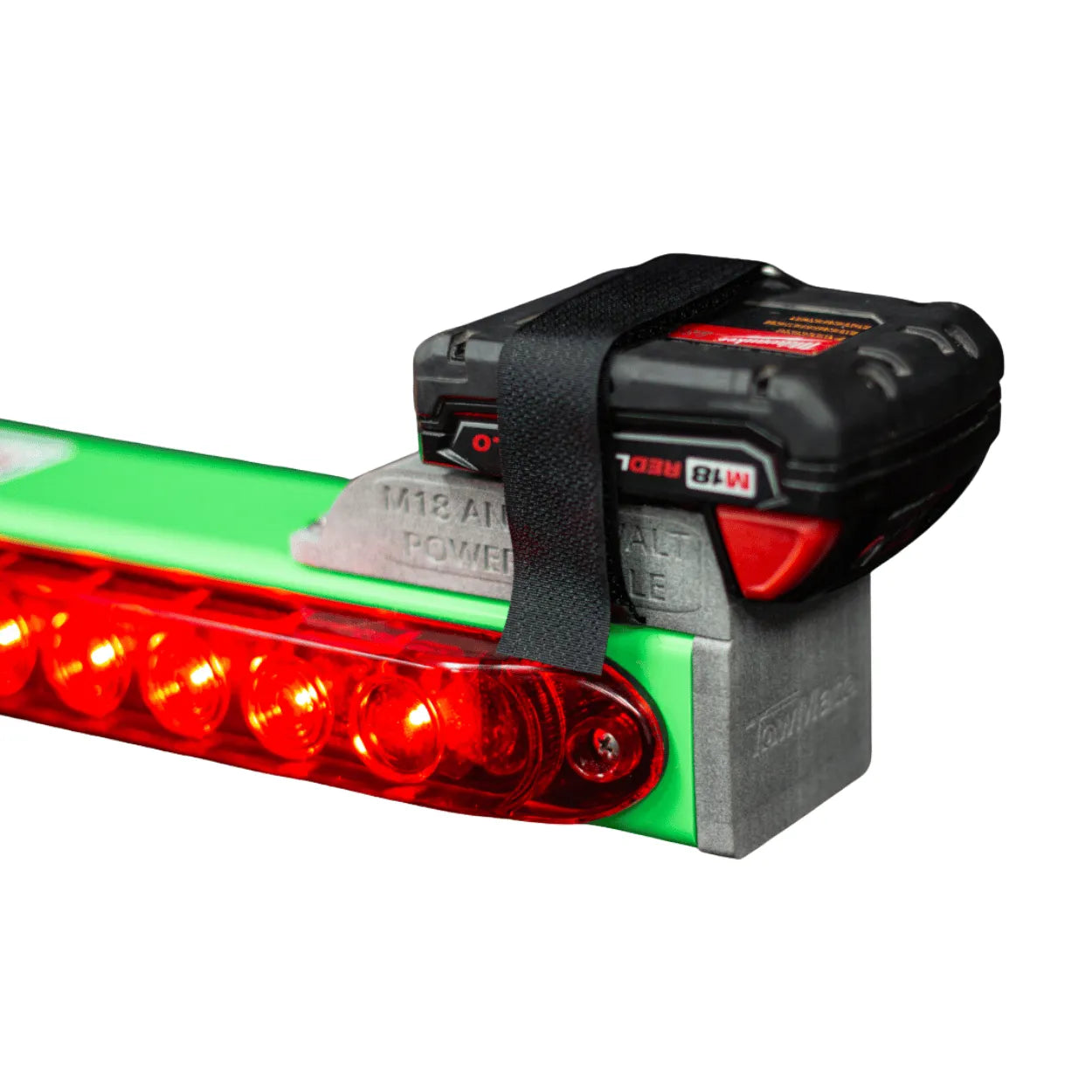 upclose shot of the milwaukee battery mount for a towmate 22" tow light