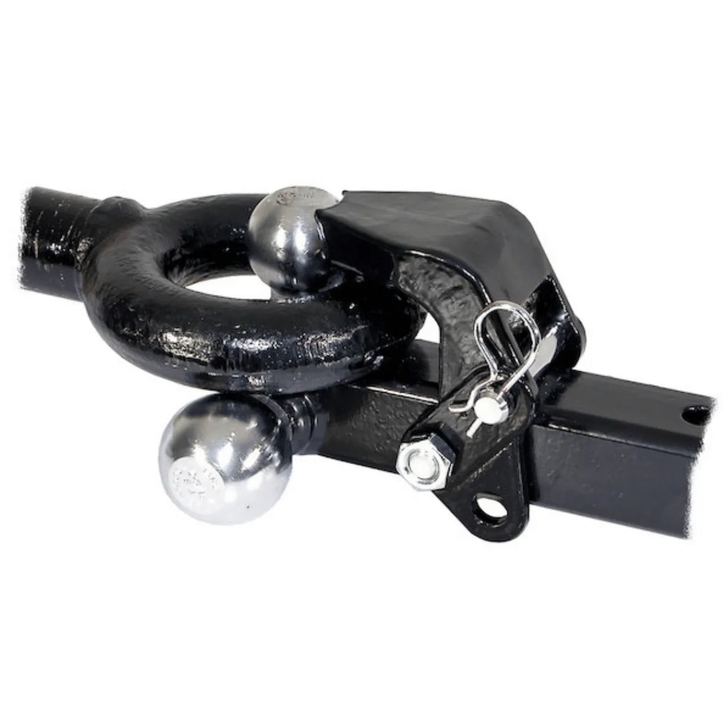 Triple ball hitch with pintle hook, fits 2 1/2" receivers. Robust towing equipment.