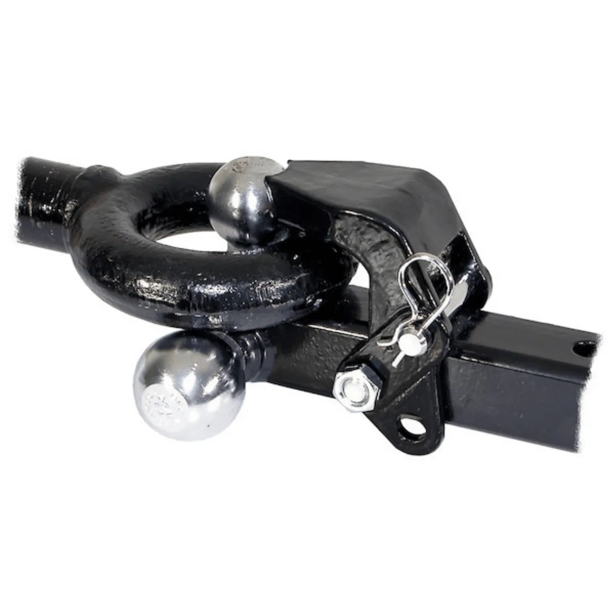 Triple ball hitch with pintle hook, fits 2 1/2" receivers. Robust towing equipment.