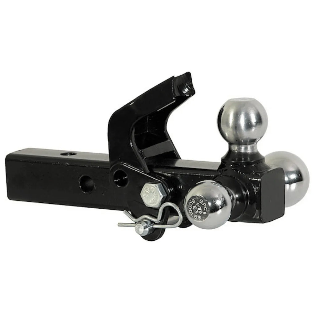 Towing equipment: Buyers tri-ball hitch with pintle hook for 2.5-inch truck/SUV receiver.