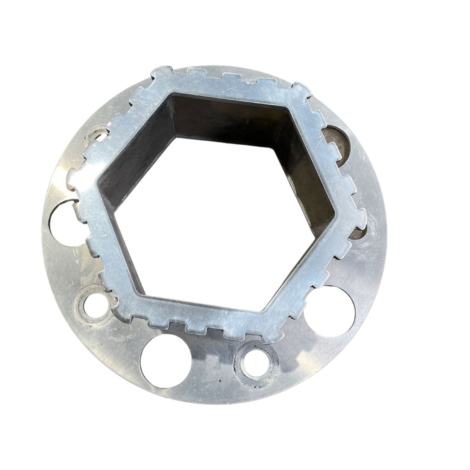Aluminum truck hub step featuring a reinforced hexagonal opening and precision-cut edges for durability. Designed for easy installation on carriers.