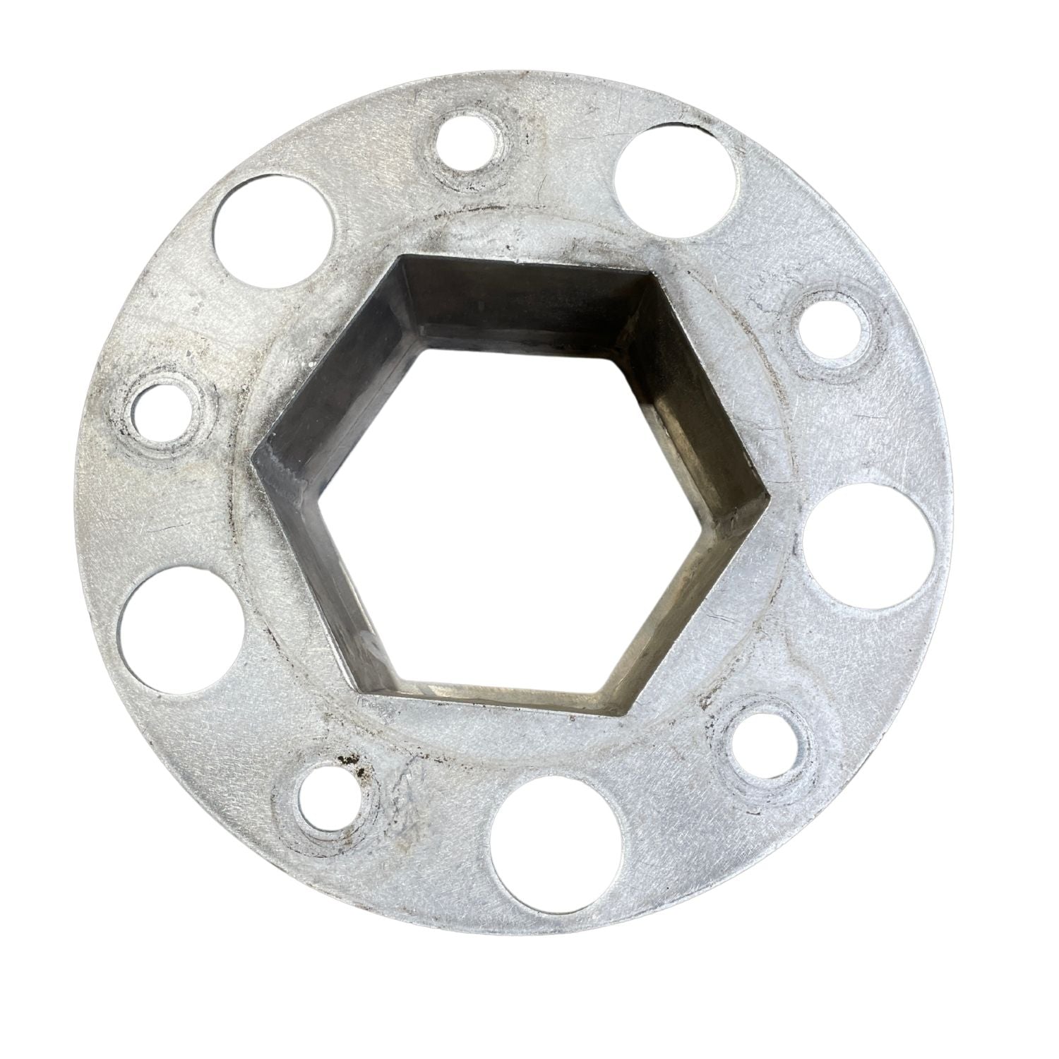 Heavy-duty aluminum truck hub step with hexagonal center and multiple bolt holes for secure attachment. Ideal for vehicle wheel systems.