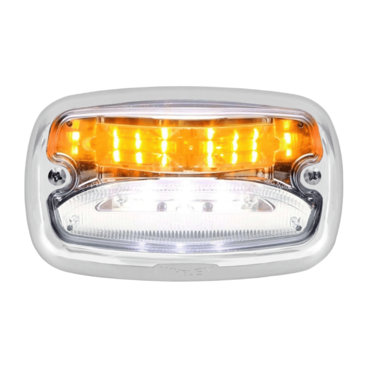 An M4 V-Series Linear Super LED Combination Strobe and Perimeter Light with amber and clear lenses, chrome bezel, and visible LED lights.