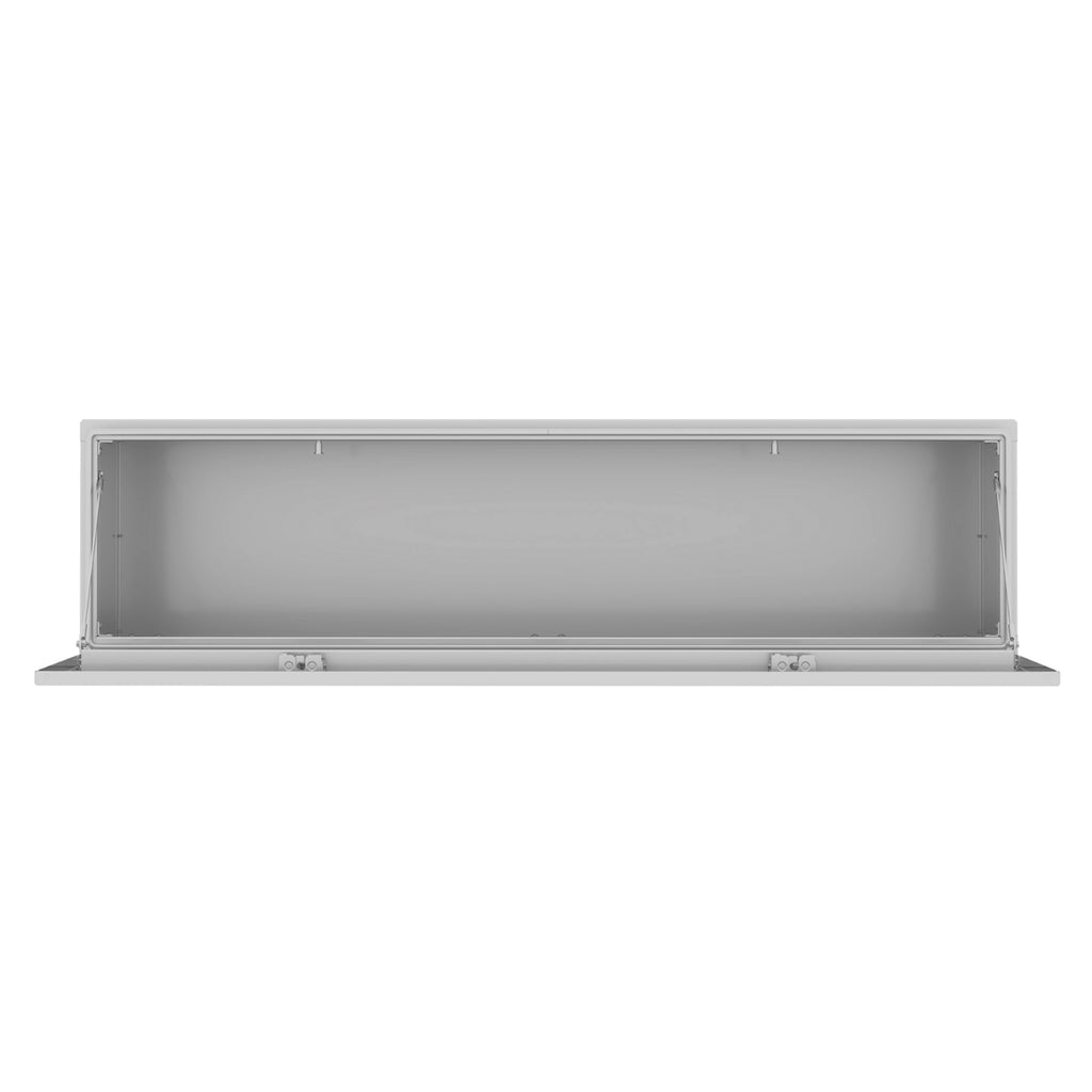 a picture of a workman series underbody toolbox that's open to showcase the space for tool storage