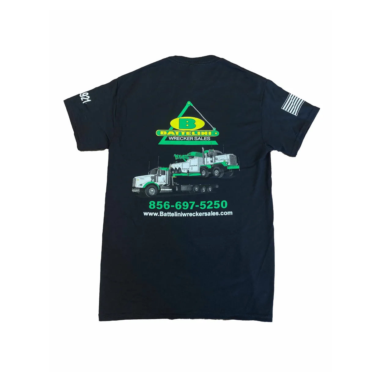 backside of battelini trucking t-shirt. shows NRC carrier and wrecker in Battelini's colors