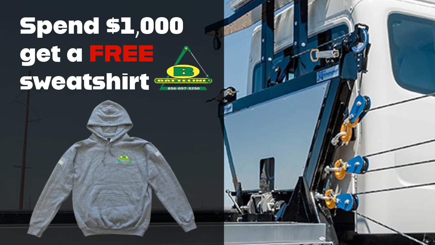 image of an in the ditch sidepuller with a banner promoting the buy $1000 get a free Battelini sweatshirt sale